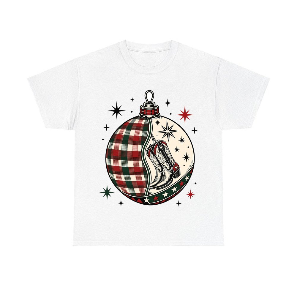 Cowboy Boots Tartan Bauble personalised Christmas T-shirt in white