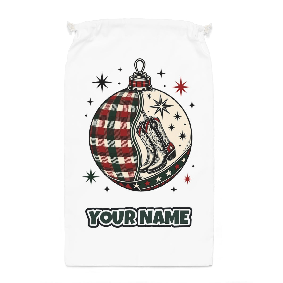Cowboy Boots Tartan Bauble Santa sack laid flat, showing the full print