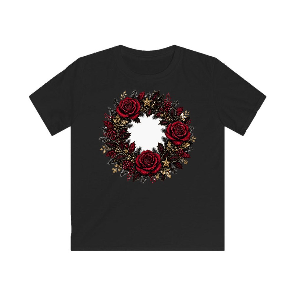 Crimson and Black Rose Wreath personalised kids Christmas tee in black