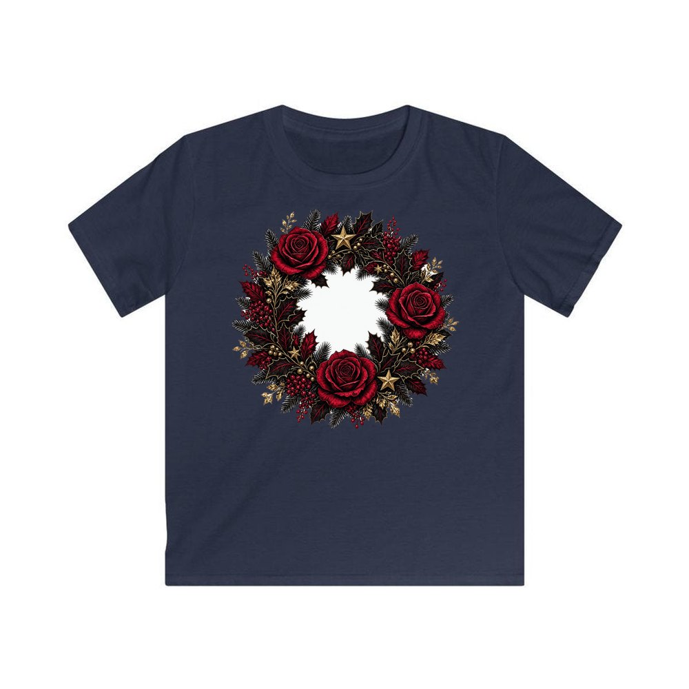 Crimson and Black Rose Wreath personalised kids Christmas tee in navy