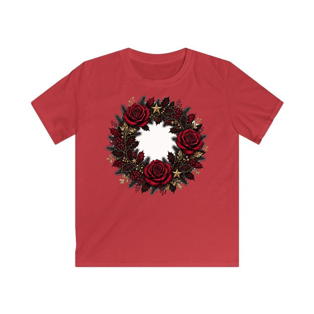 Crimson and Black Rose Wreath personalised kids Christmas tee in red
