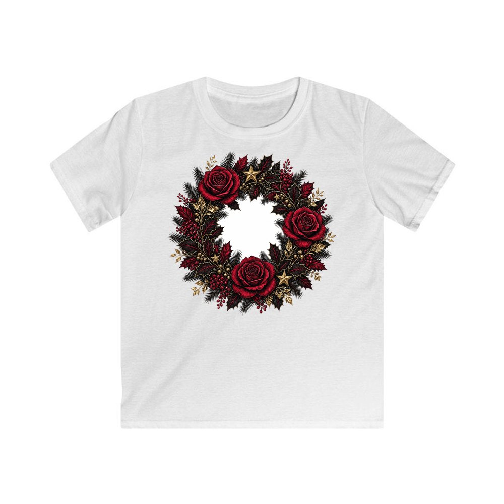 Crimson and Black Rose Wreath personalised kids Christmas tee in white