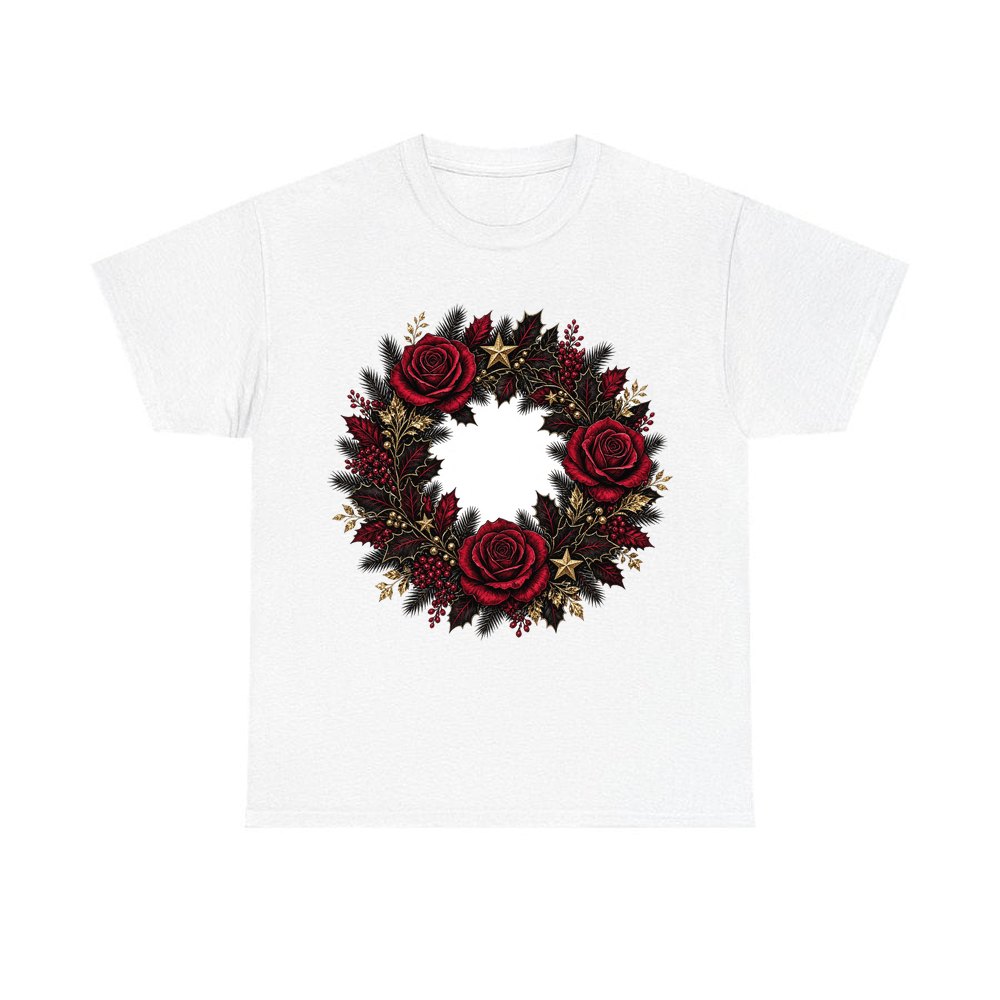 Crimson and Black Rose Wreath personalised Christmas T-shirt in white