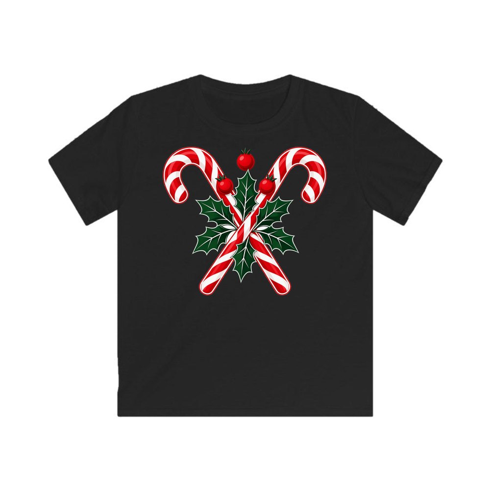 Crossed Candy Canes and Holly personalised kids Christmas tee in black