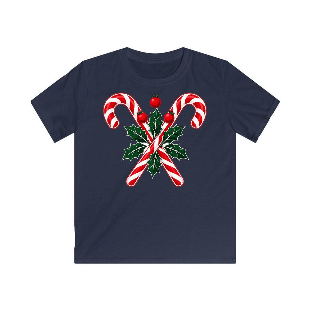 Crossed Candy Canes and Holly personalised kids Christmas tee in navy