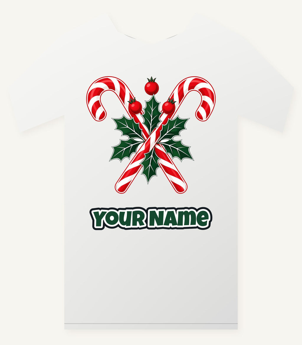 Crossed Candy Canes and Holly Personalised Christmas T-Shirt and Hoodie