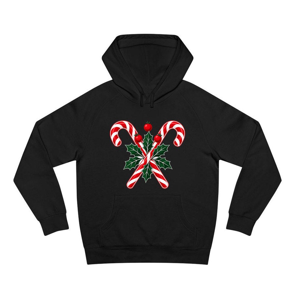 Crossed Candy Canes and Holly personalised Christmas hoodie in black