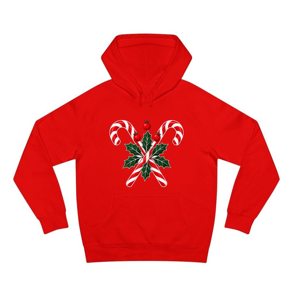 Crossed Candy Canes and Holly personalised Christmas hoodie in red