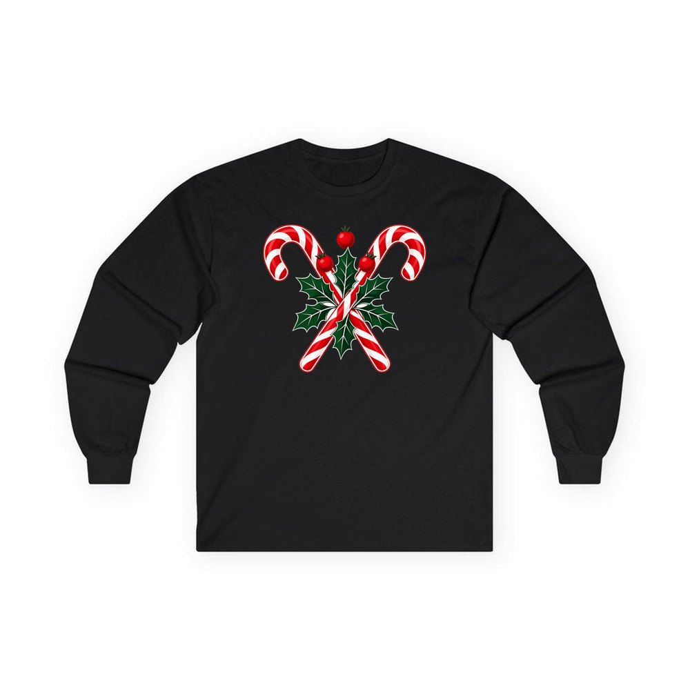 Crossed Candy Canes and Holly personalised long sleeve Christmas T-shirt in black