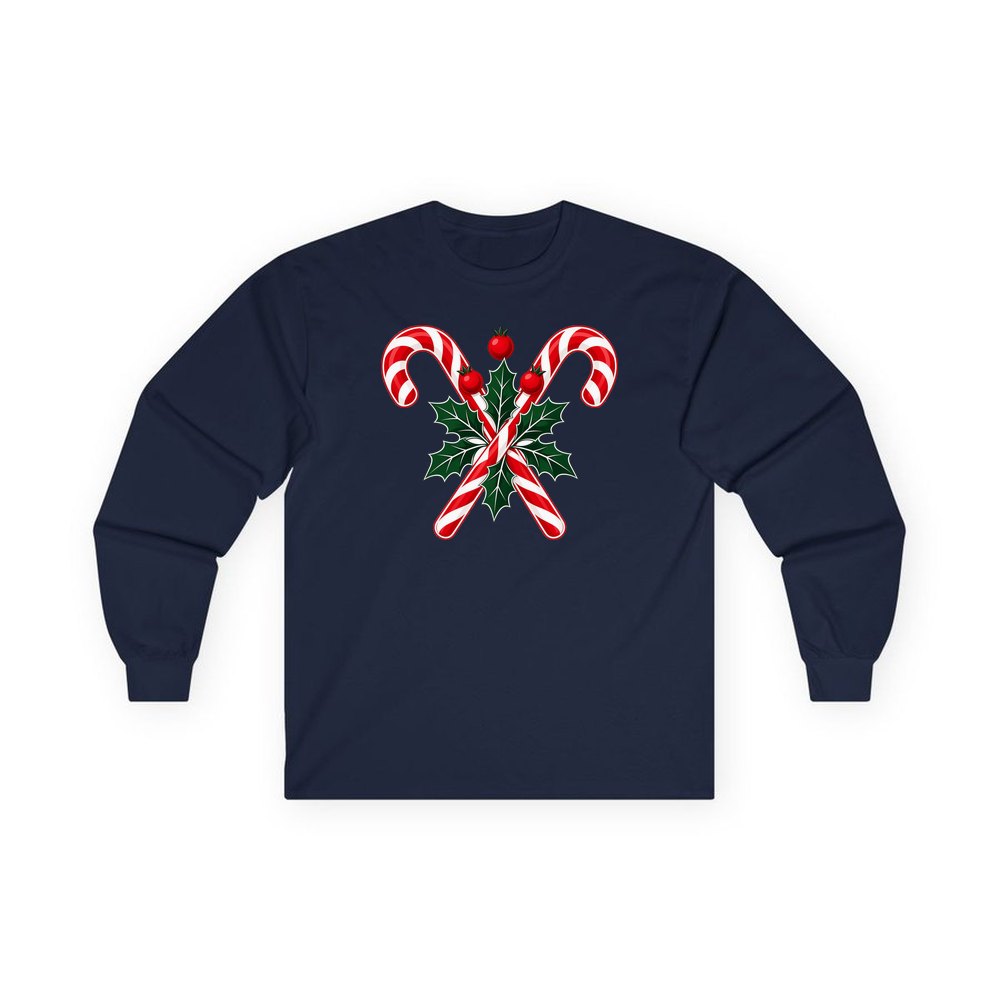 Crossed Candy Canes and Holly personalised long sleeve Christmas T-shirt in navy