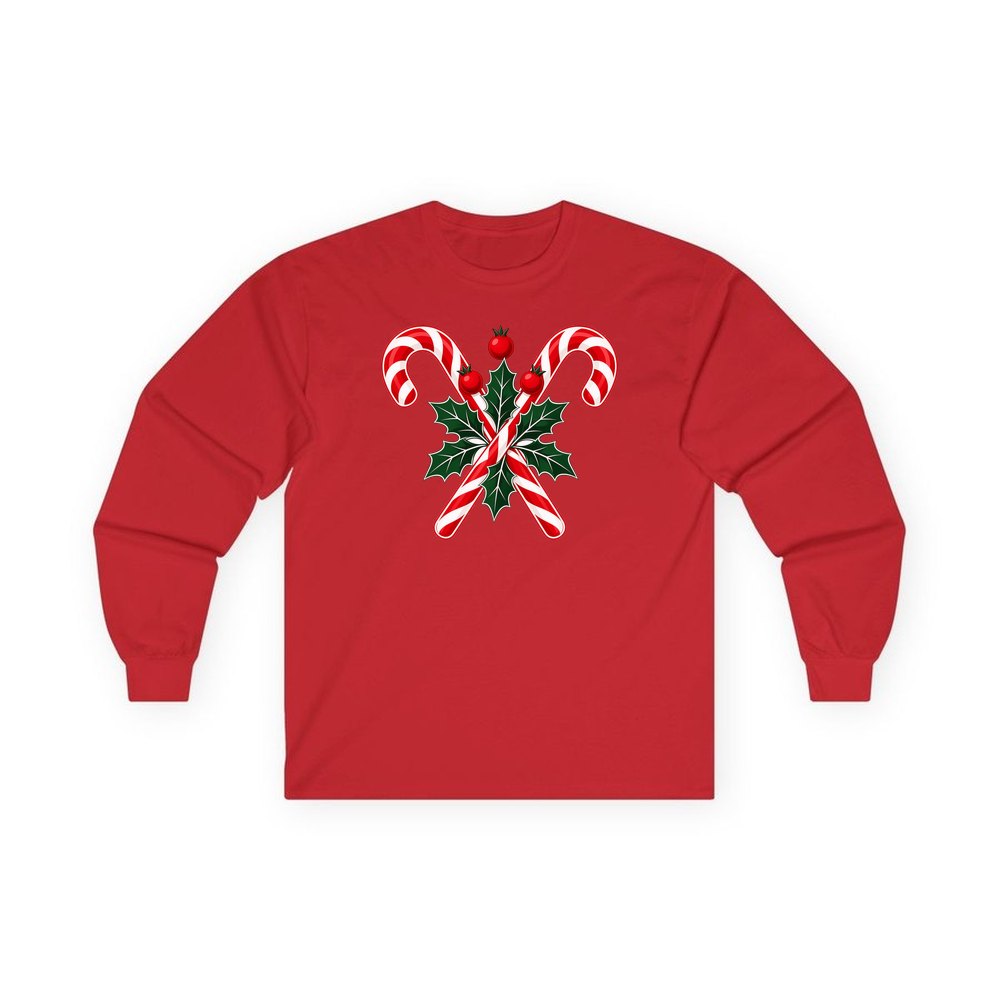 Crossed Candy Canes and Holly personalised long sleeve Christmas T-shirt in red
