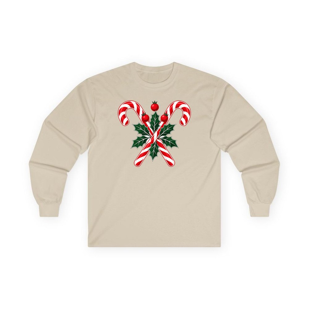 Crossed Candy Canes and Holly personalised long sleeve Christmas T-shirt in sand