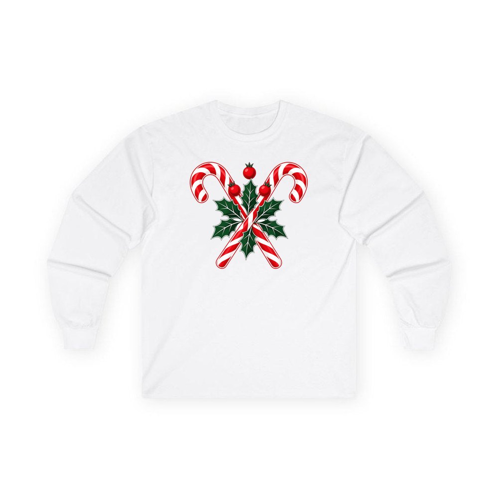 Crossed Candy Canes and Holly personalised long sleeve Christmas T-shirt in white