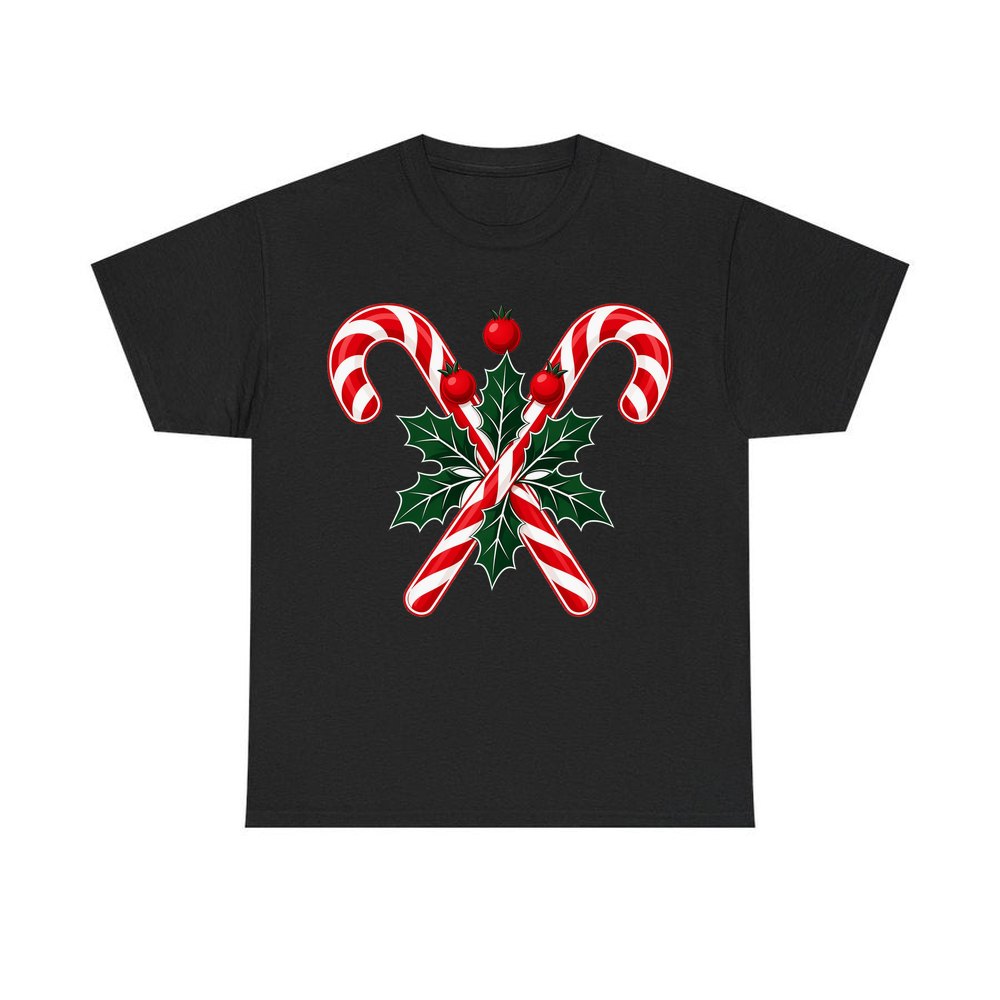 Crossed Candy Canes and Holly personalised Christmas T-shirt in black