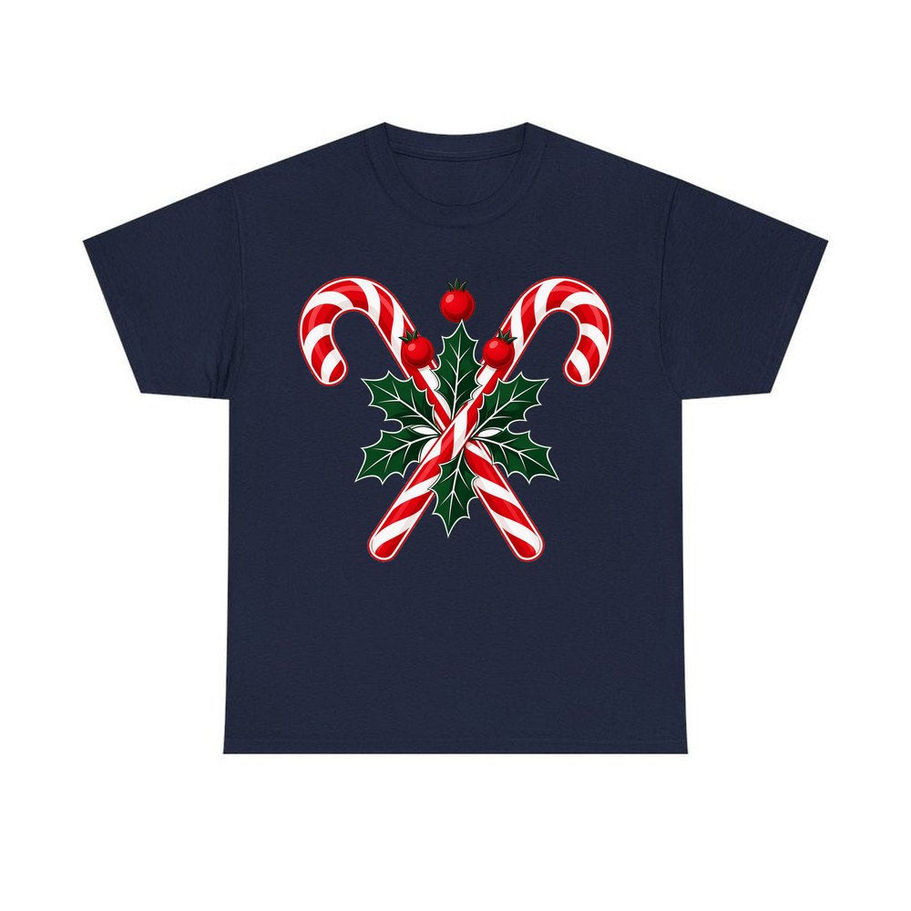 Crossed Candy Canes and Holly personalised Christmas T-shirt in navy