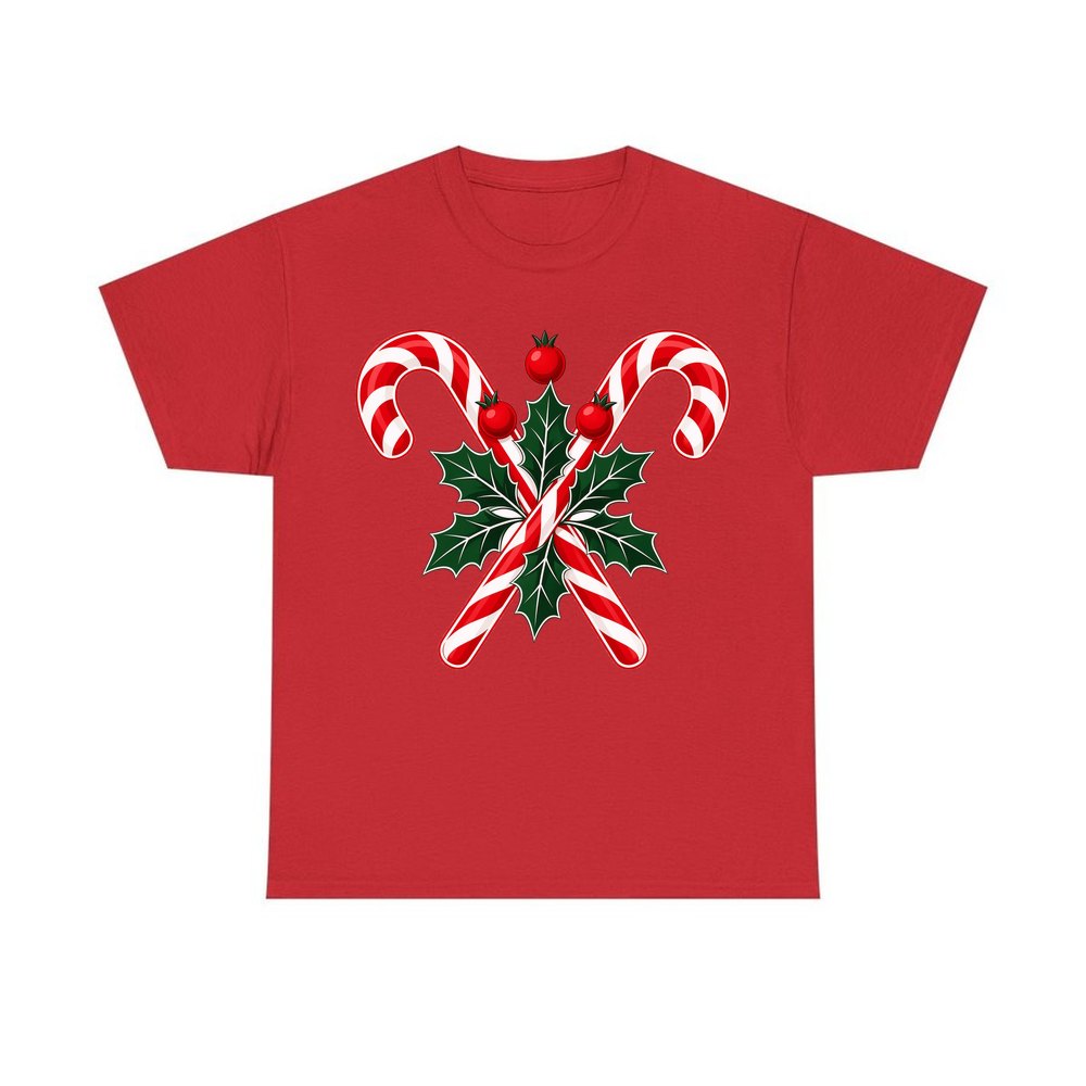 Crossed Candy Canes and Holly personalised Christmas T-shirt in red