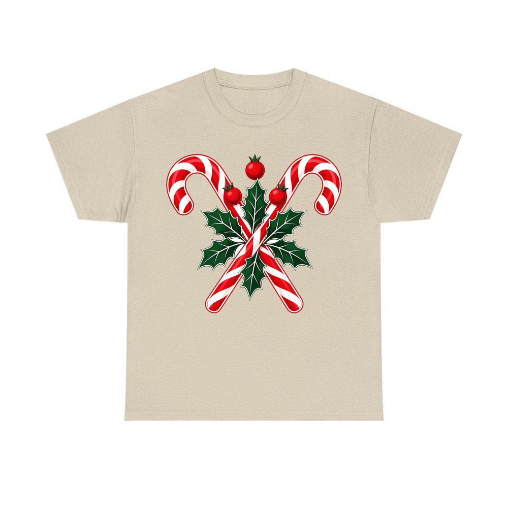 Crossed Candy Canes and Holly personalised Christmas T-shirt in sand