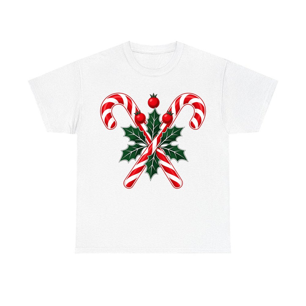 Crossed Candy Canes and Holly personalised Christmas T-shirt in white