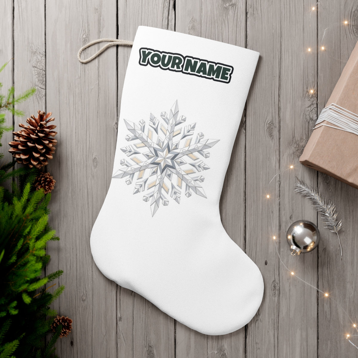 Crystal Cut Snowflake personalised Christmas stocking, white, with the name across the top