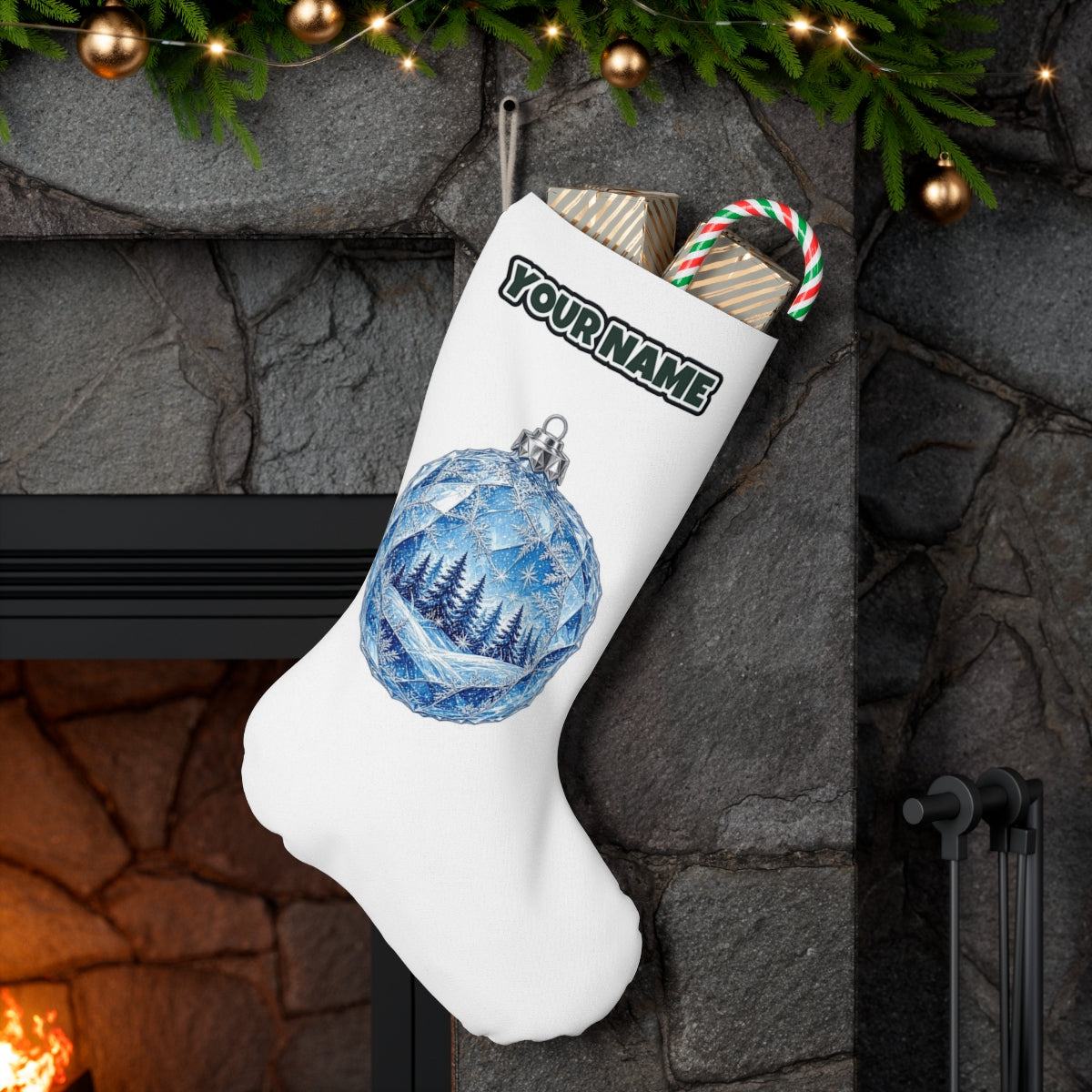Crystal Forest Bauble personalised Christmas stocking hanging on a mantel