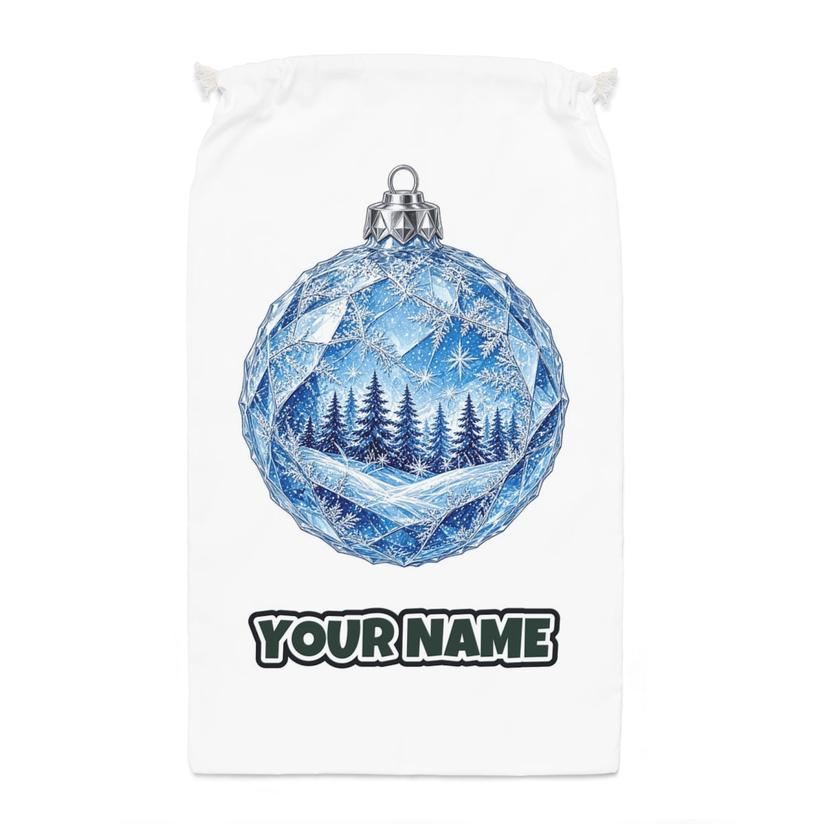 Crystal Forest Bauble Santa sack laid flat, showing the full print