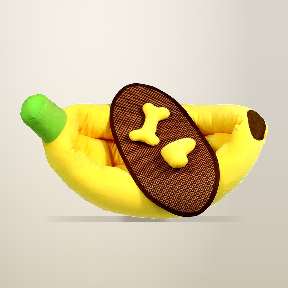 Banana Shaped Pet Bed, Winter Warm, 62 cm, on a plain cream background