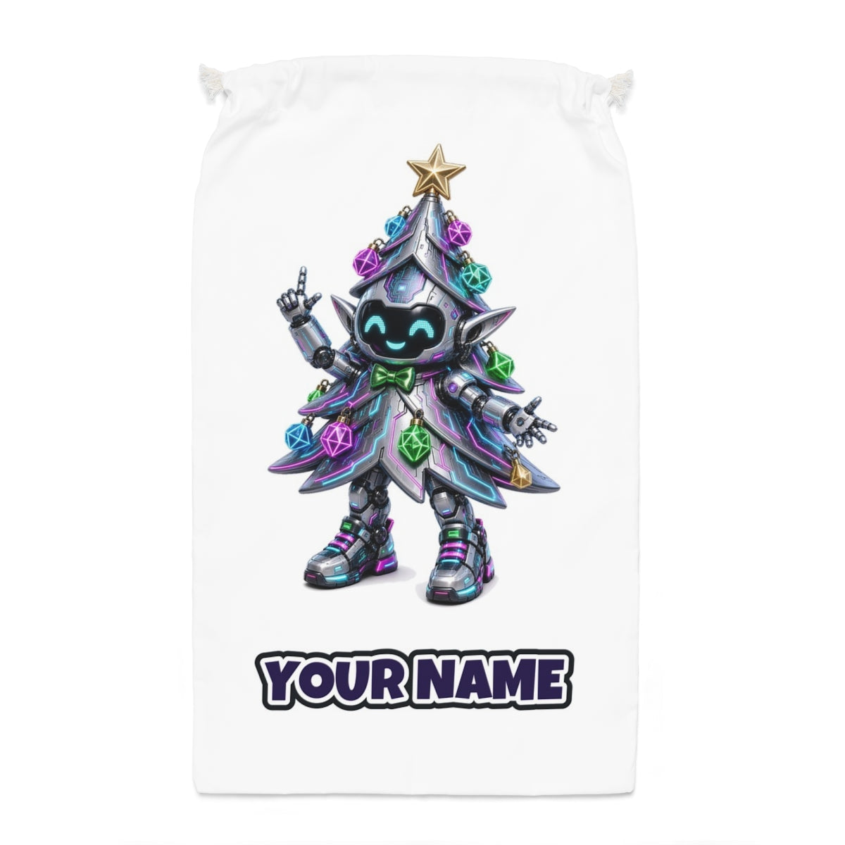 Cyber Christmas Tree Santa sack laid flat, showing the full print