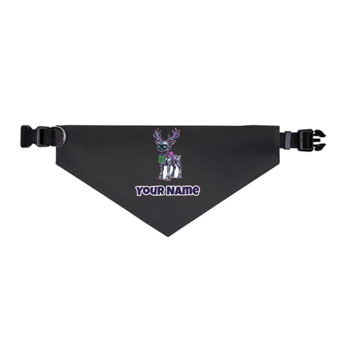 Cyber Reindeer personalised Christmas pet bandana in black, collar with buckle