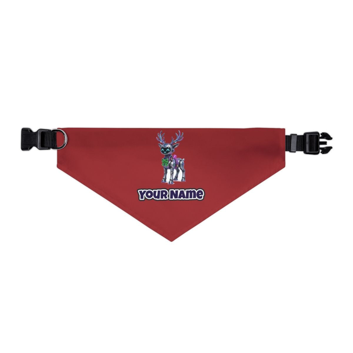 Cyber Reindeer personalised Christmas pet bandana in red, collar with buckle