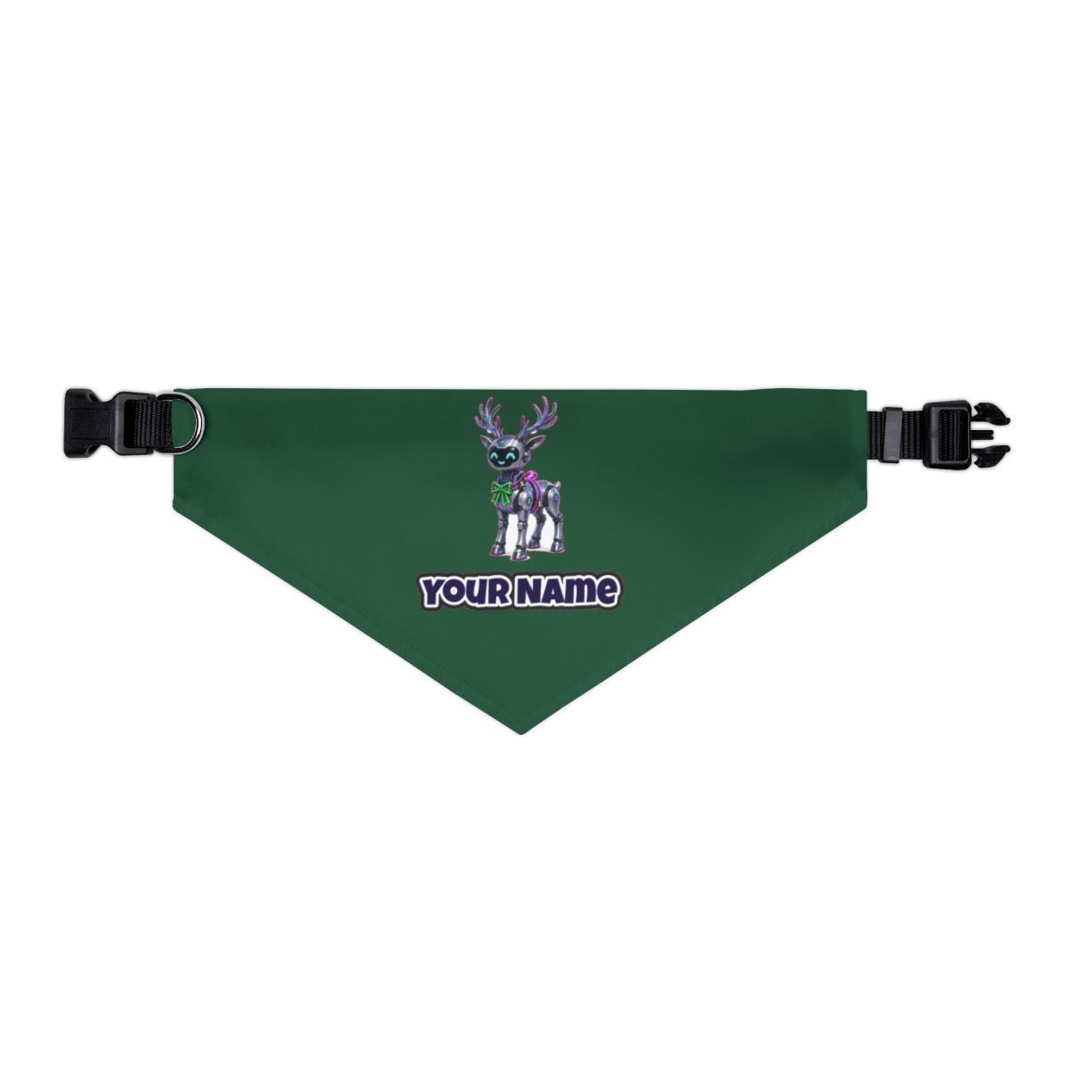 Cyber Reindeer personalised Christmas pet bandana in green, collar with buckle