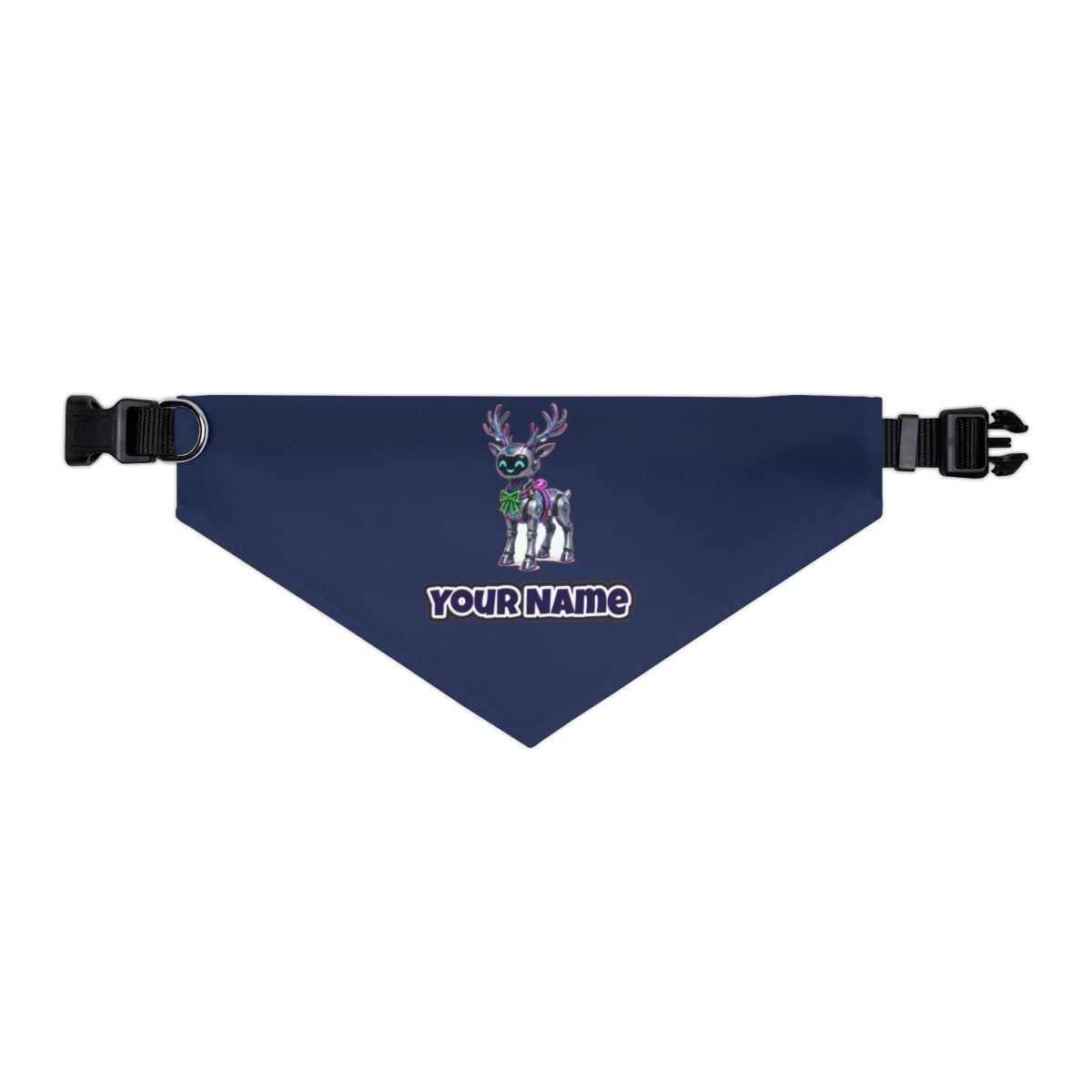 Cyber Reindeer personalised Christmas pet bandana in navy, collar with buckle