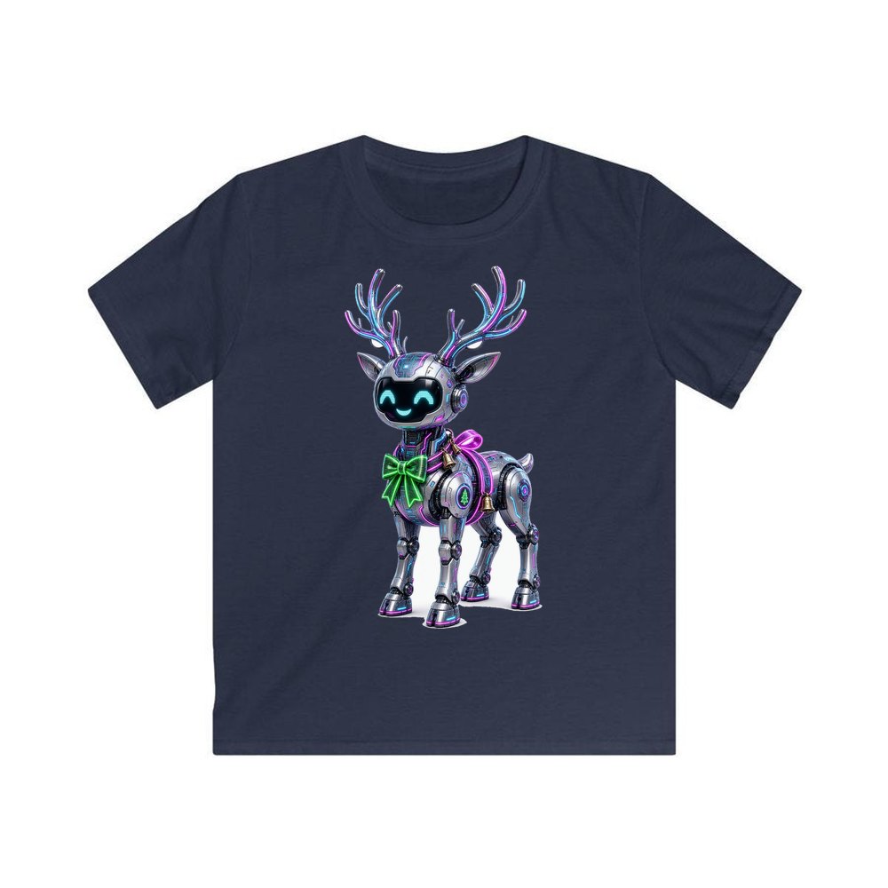 Cyber Reindeer personalised kids Christmas tee in navy