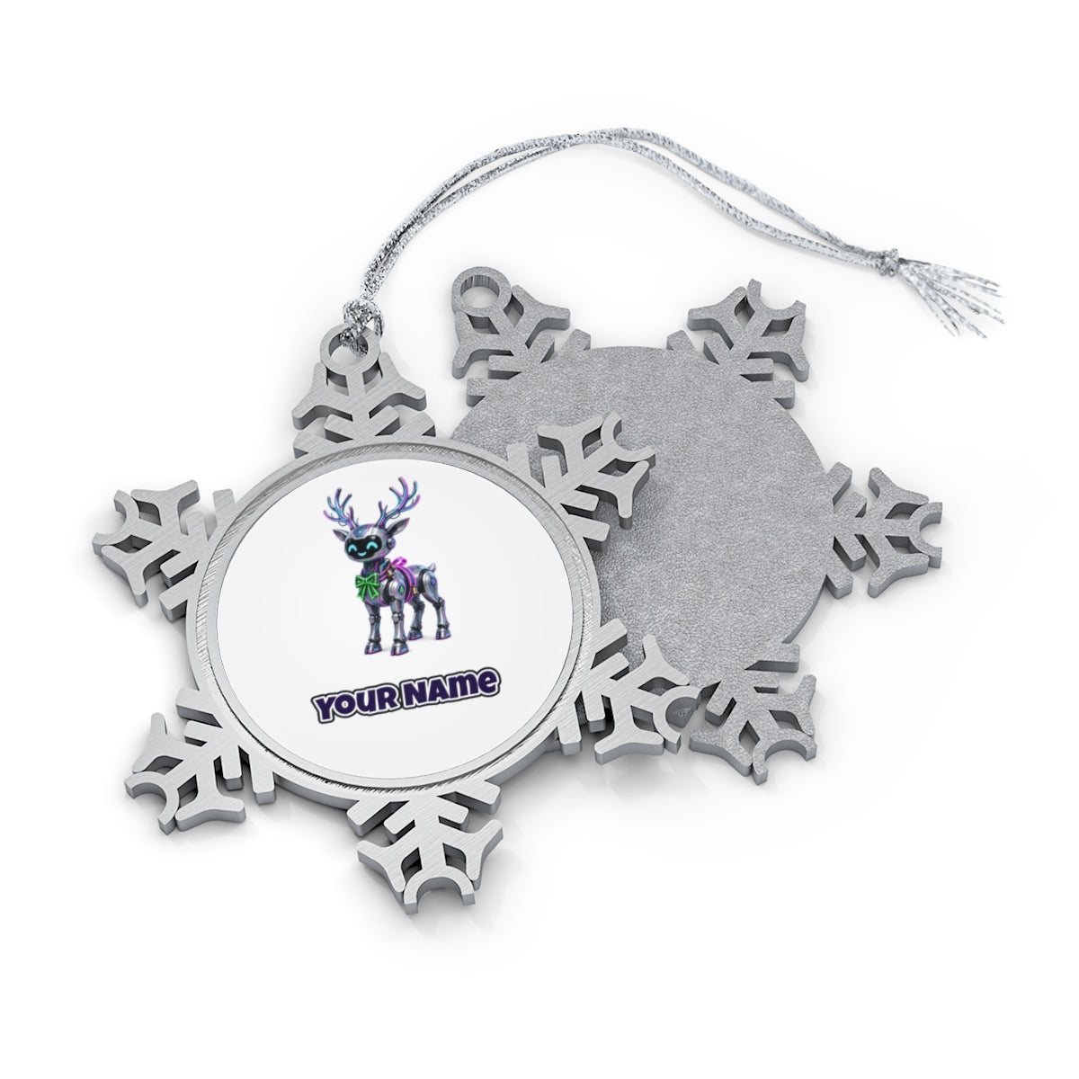 Cyber Reindeer personalised pewter snowflake Christmas ornament, front and back, with a name under the design