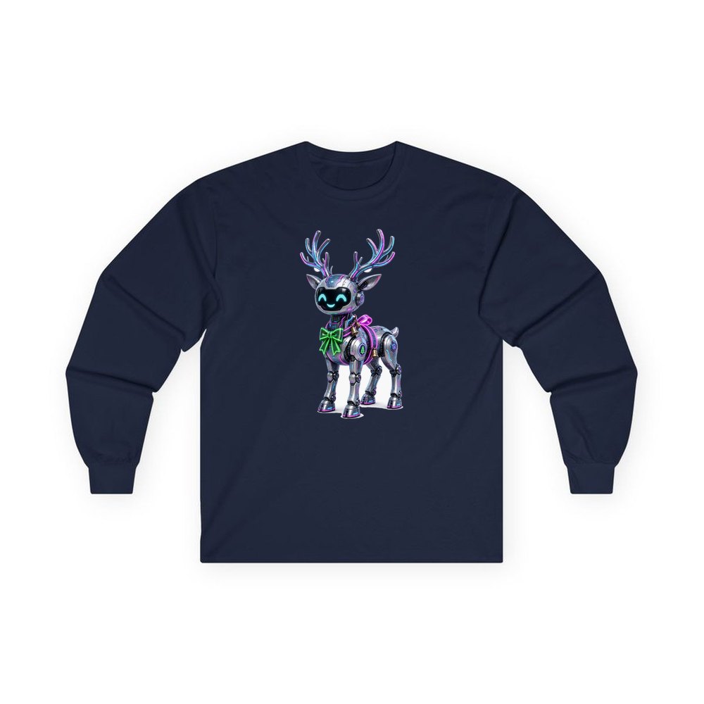 Cyber Reindeer personalised long sleeve Christmas T-shirt in navy