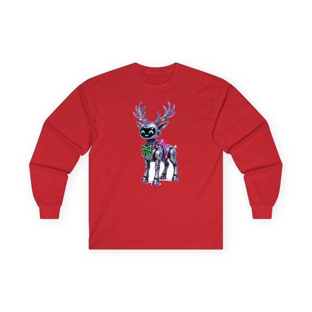 Cyber Reindeer personalised long sleeve Christmas T-shirt in red