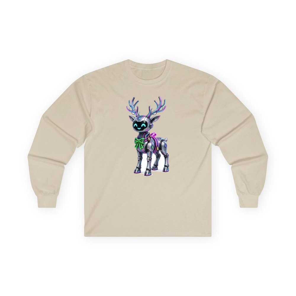 Cyber Reindeer personalised long sleeve Christmas T-shirt in sand