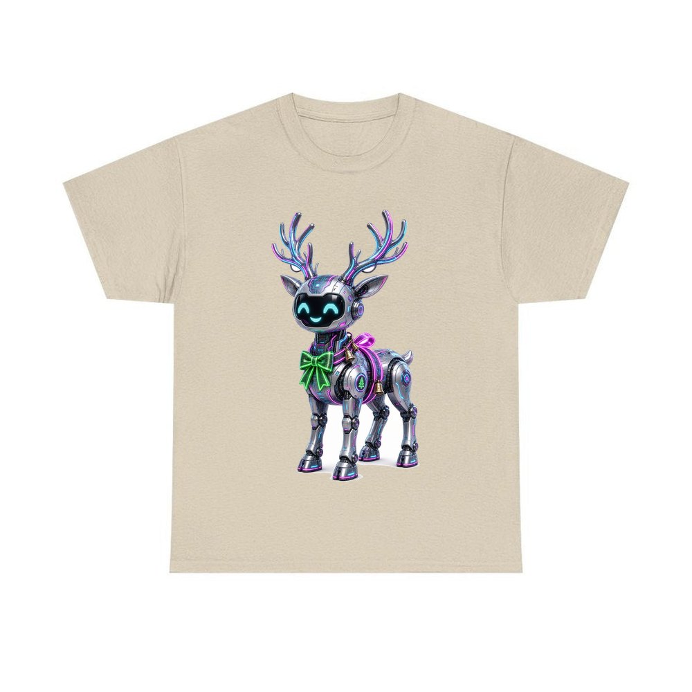 Cyber Reindeer personalised Christmas T-shirt in sand