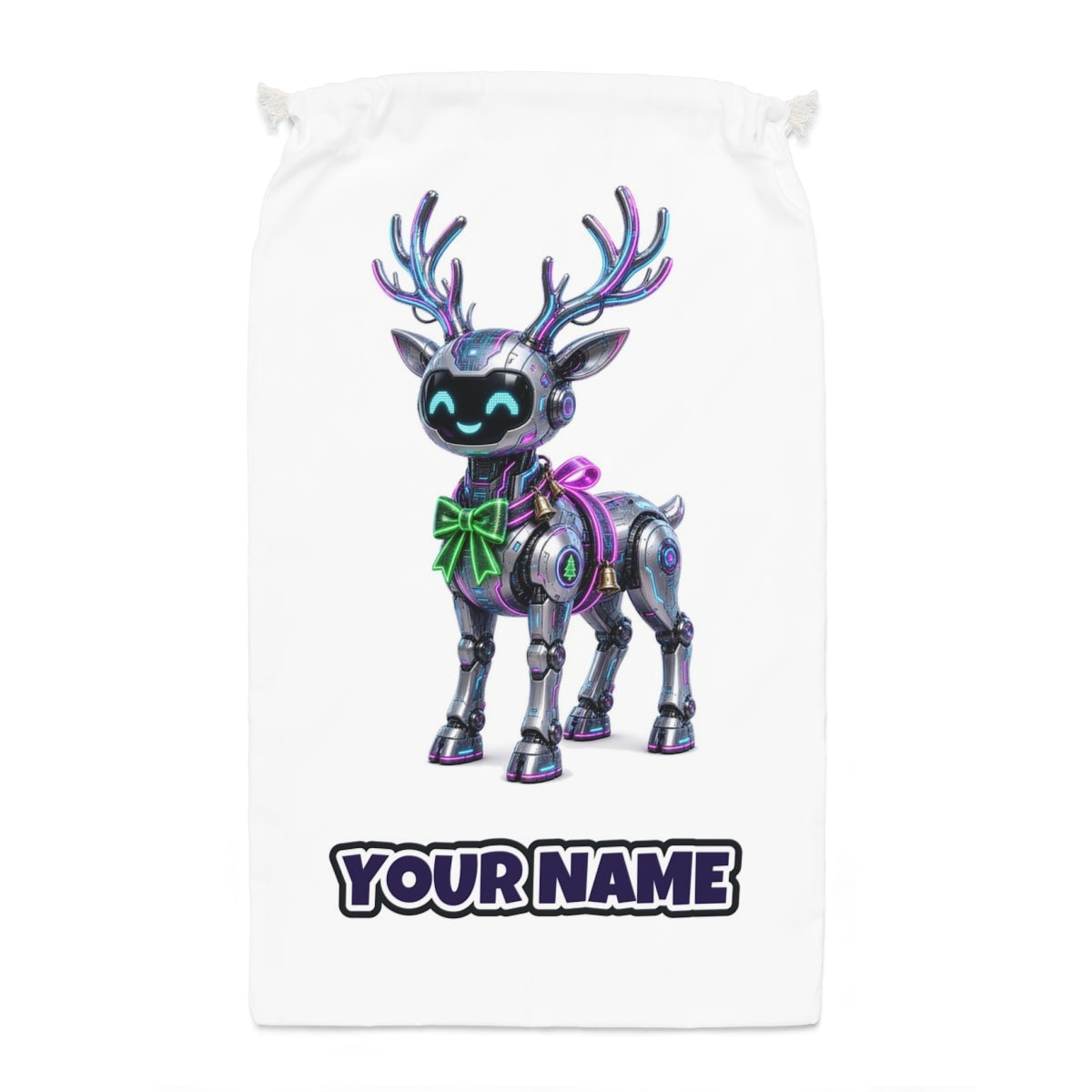 Cyber Reindeer Santa sack laid flat, showing the full print