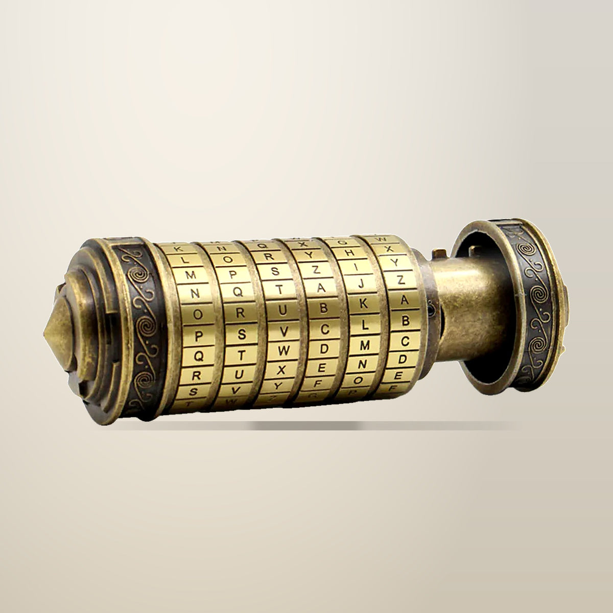 Da Vinci Code Cryptex Lock Puzzle Box, Antique Bronze, on a plain cream background