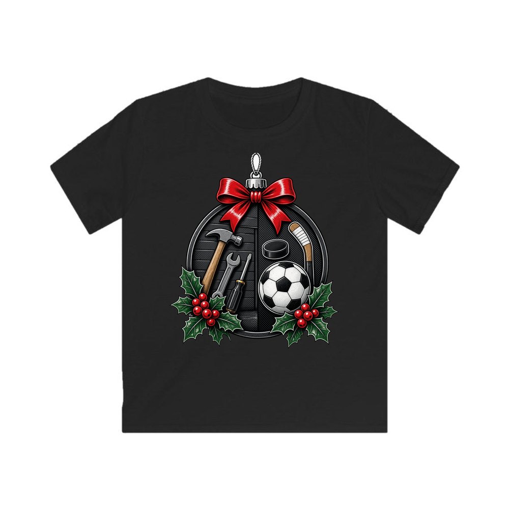 Dad's Tools And Sports Bauble personalised kids Christmas tee in black
