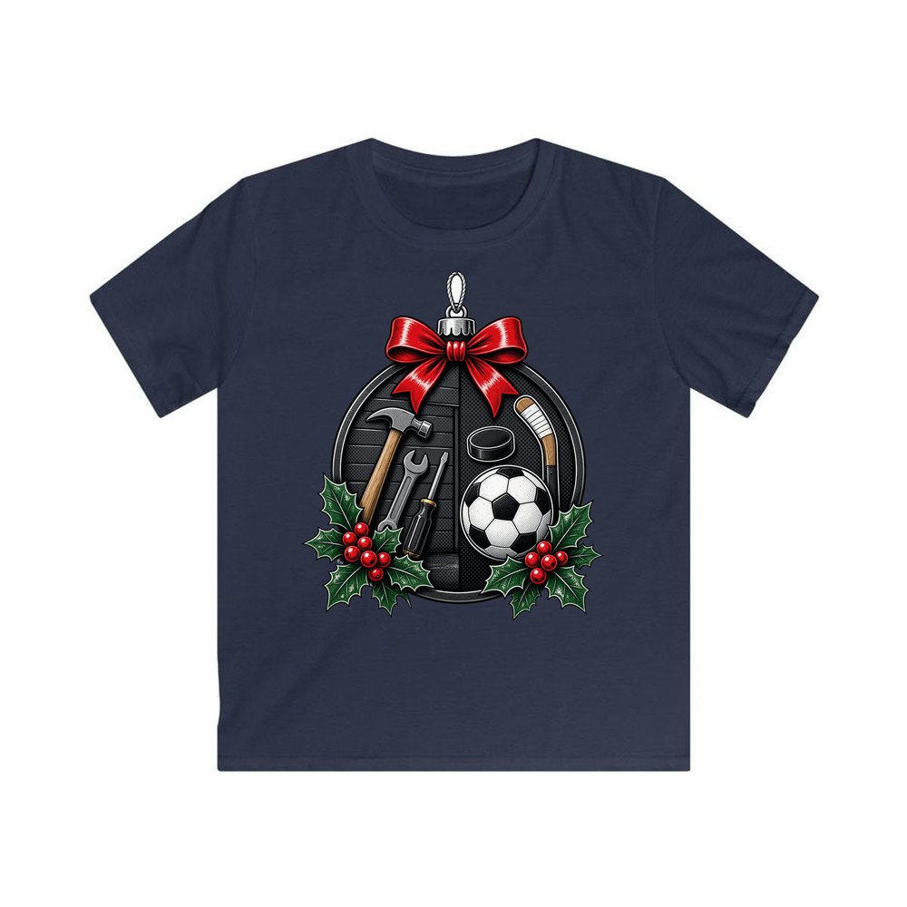Dad's Tools And Sports Bauble personalised kids Christmas tee in navy