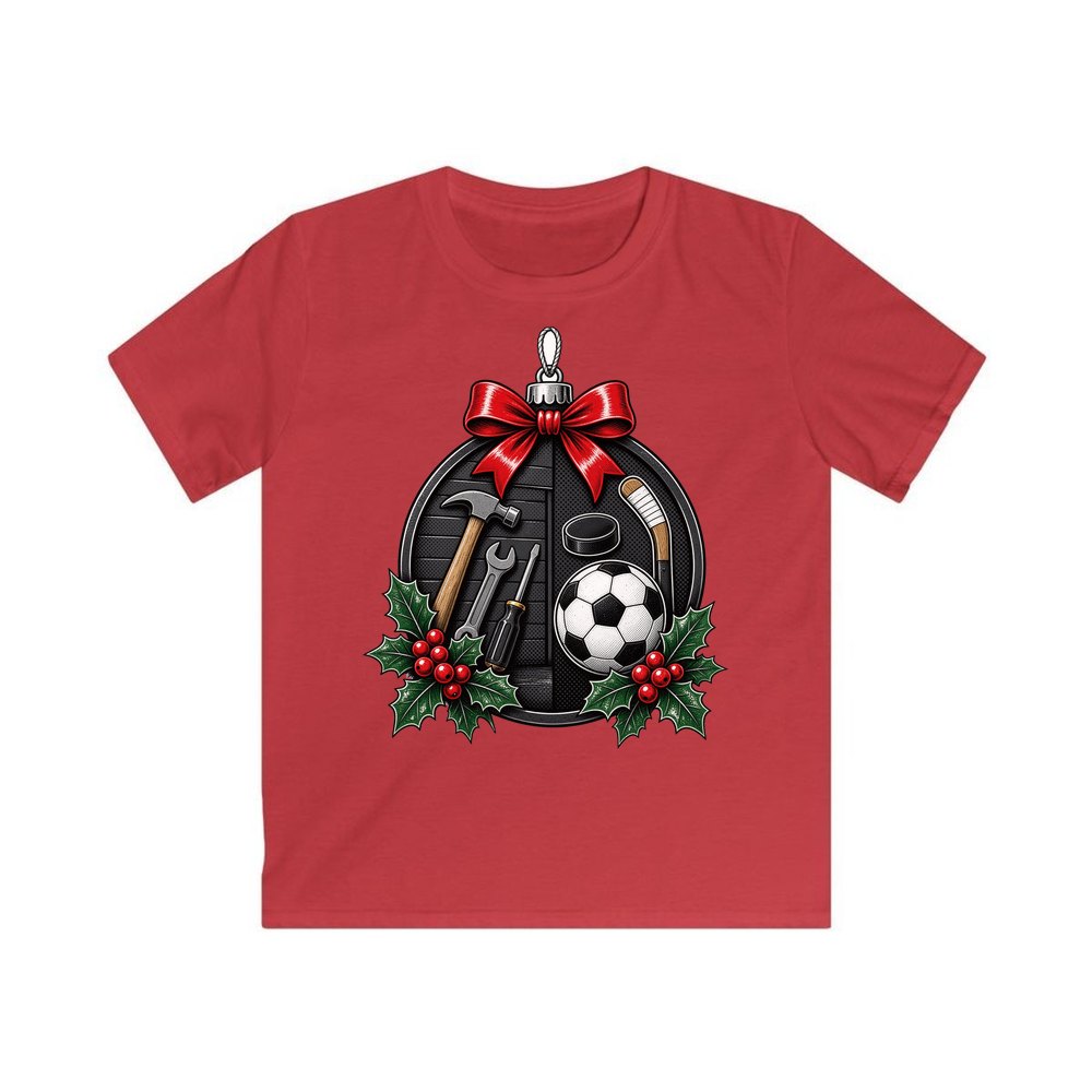 Dad's Tools And Sports Bauble personalised kids Christmas tee in red