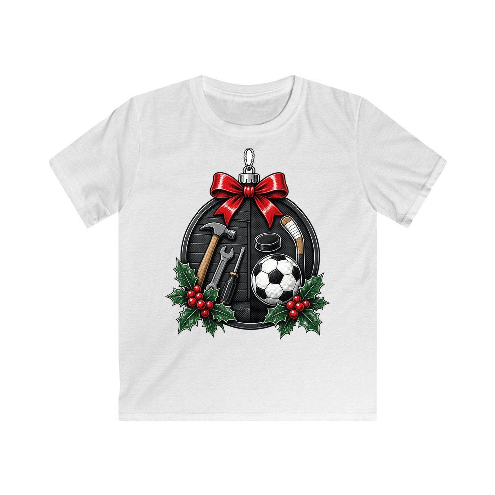 Dad's Tools And Sports Bauble personalised kids Christmas tee in white