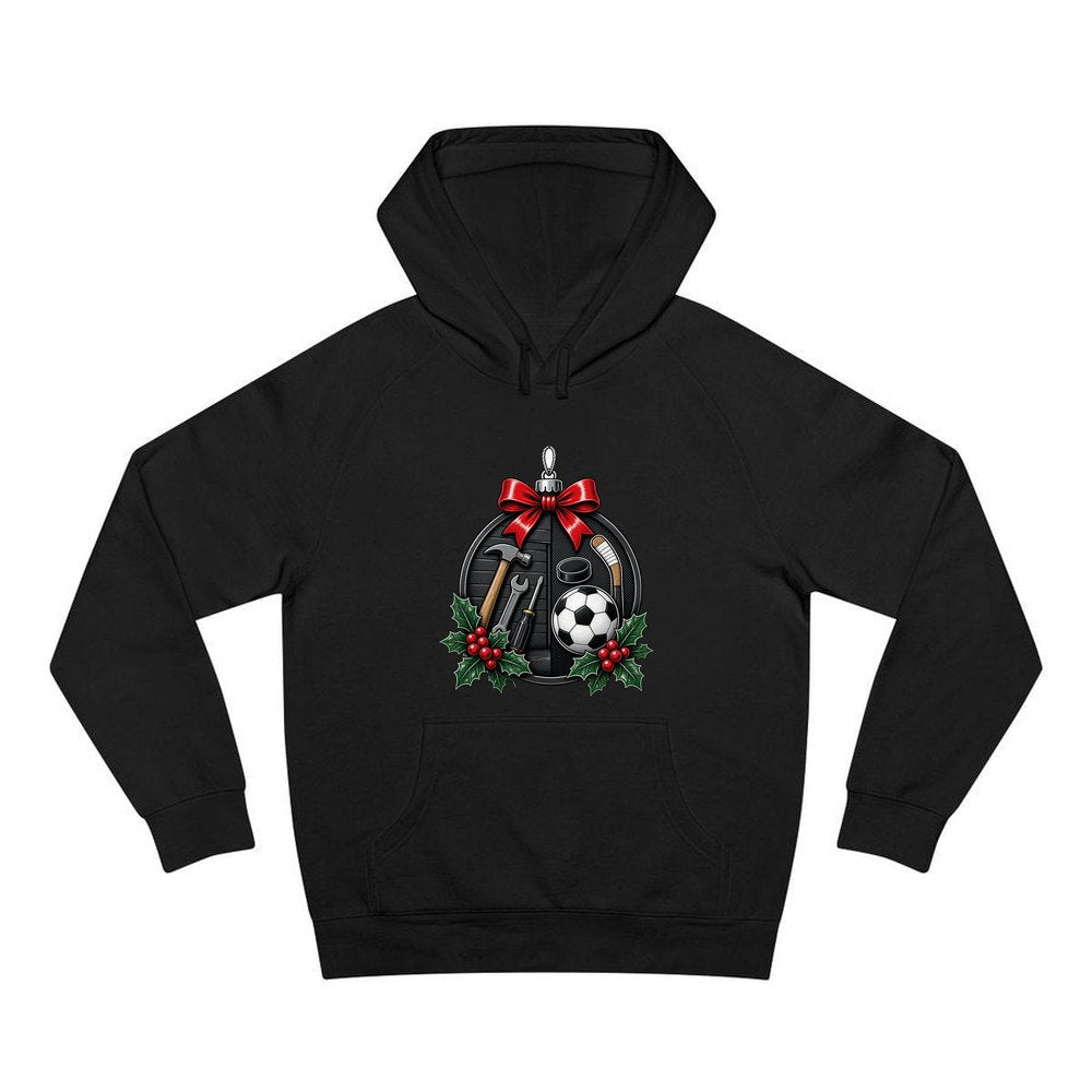 Dad's Tools And Sports Bauble personalised Christmas hoodie in black