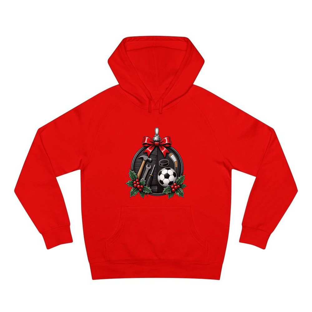 Dad's Tools And Sports Bauble personalised Christmas hoodie in red