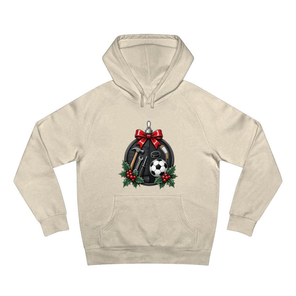 Dad's Tools And Sports Bauble personalised Christmas hoodie in sand
