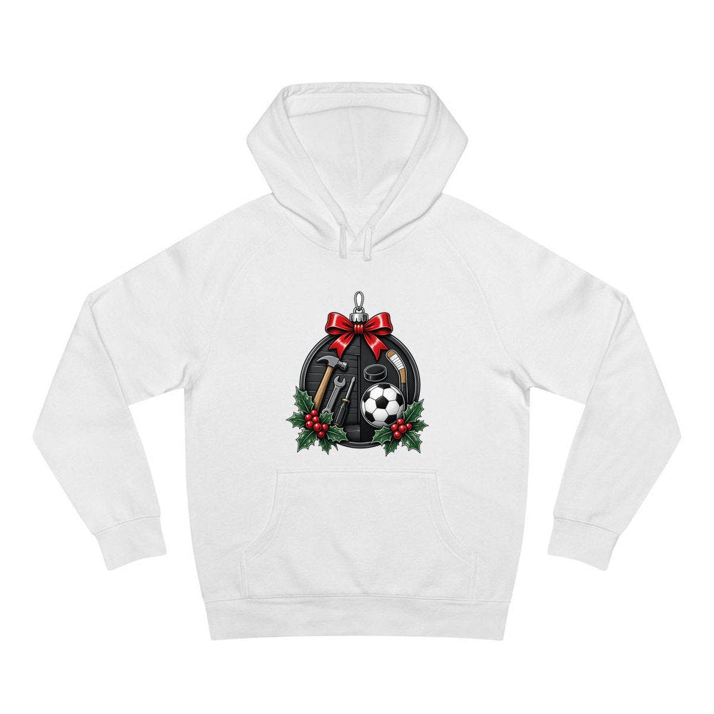 Dad's Tools And Sports Bauble personalised Christmas hoodie in white