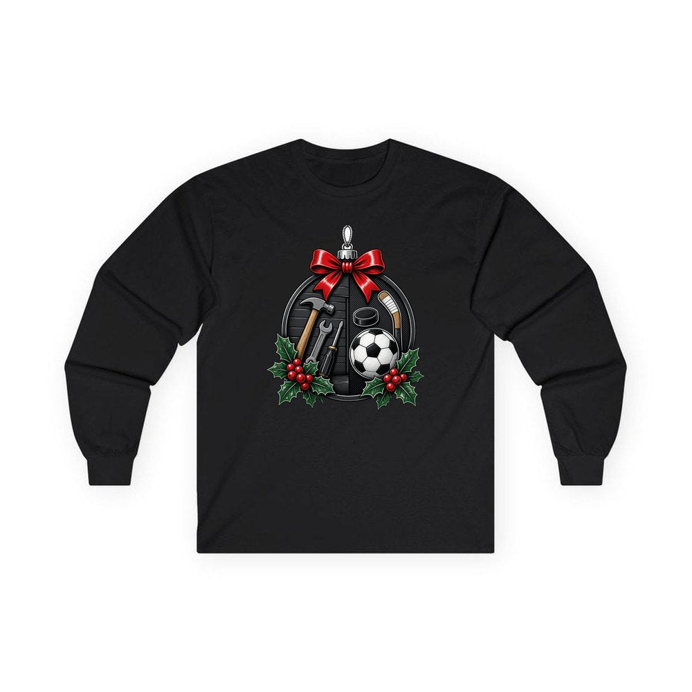 Dad's Tools And Sports Bauble personalised long sleeve Christmas T-shirt in black