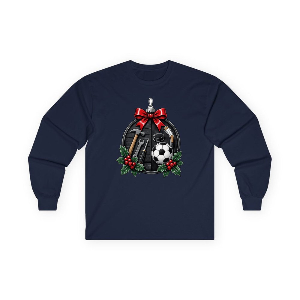 Dad's Tools And Sports Bauble personalised long sleeve Christmas T-shirt in navy