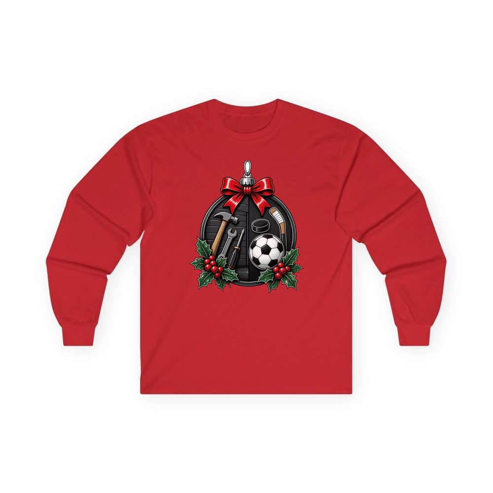 Dad's Tools And Sports Bauble personalised long sleeve Christmas T-shirt in red